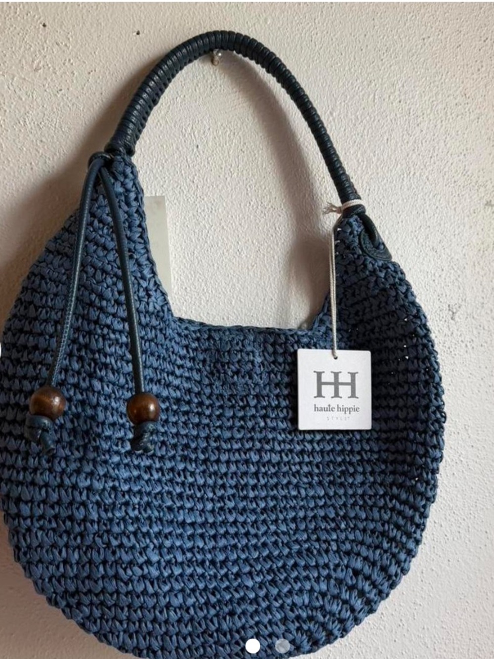 haute hippie style blue raffia bag Woven Straw Hobo Bag - Navy